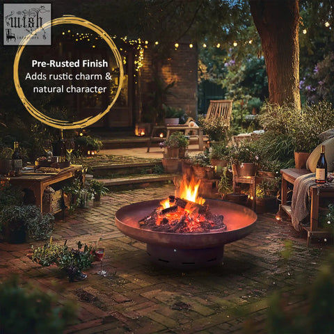 Rustic round fire pit with pre-rusted corten steel finish featuring nicoman heavy-duty metal and warm glowing flames