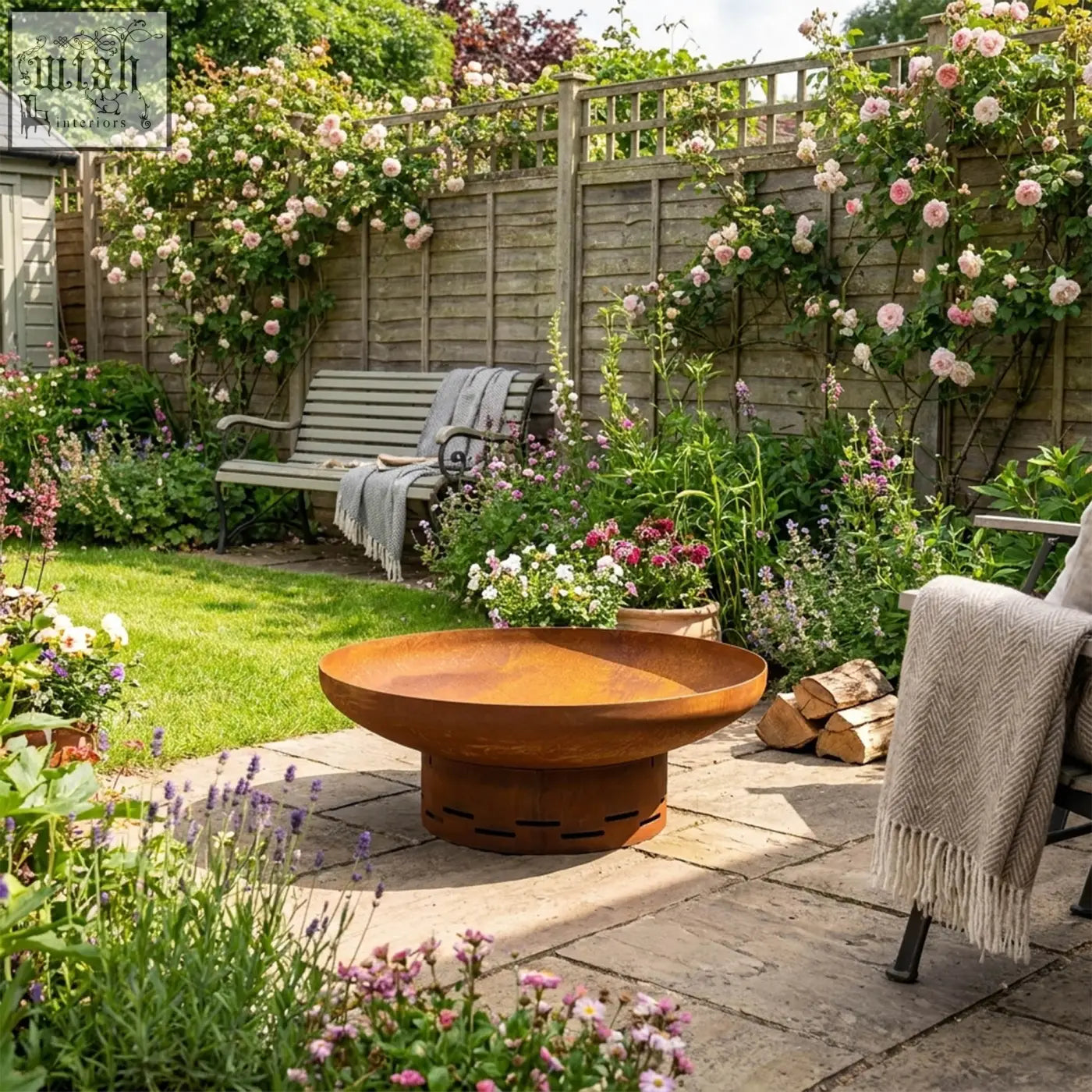 Rustic copper-colored heavy-duty pre-rusted corten steel round firepit with a circular bowl design and slotted base
