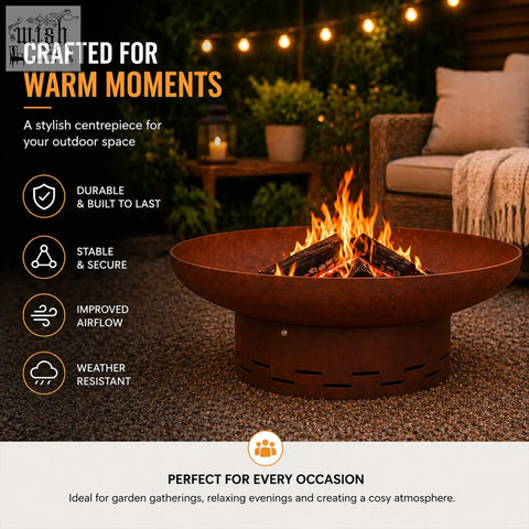 Rust-colored nicoman heavy-duty pre-rusted corten steel round firepit with circular bowl and perforated base