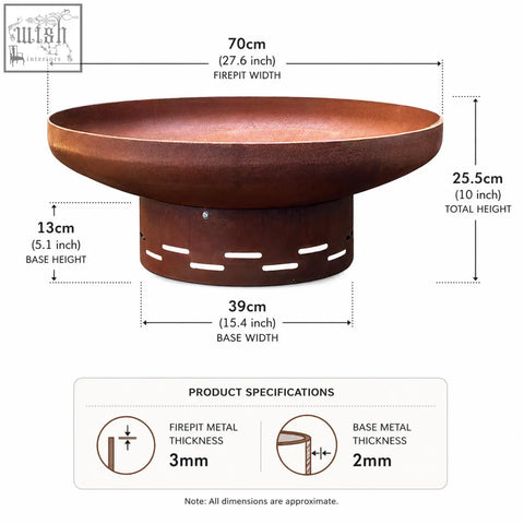Rust-colored nicoman heavy-duty pre-rusted corten steel fire pit with wide shallow bowl and perforated base design