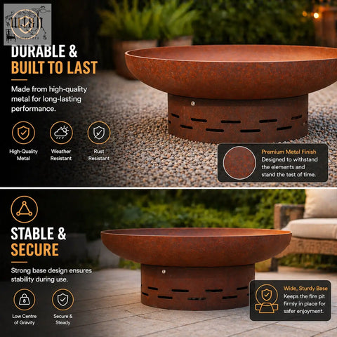 Rust-colored nicoman heavy-duty pre-rusted corten steel round firepit with wide base and ventilation holes