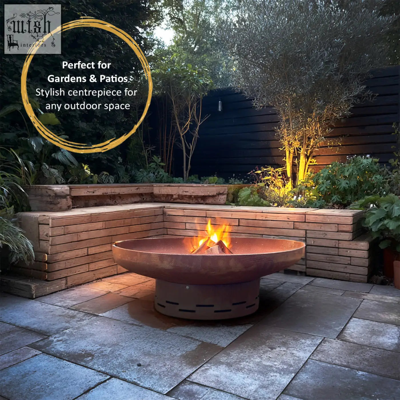 Rust-colored heavy-duty pre-rusted corten steel firepit with wide shallow bowl and perforated base by nicoman
