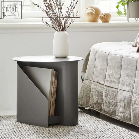 Modern gray painted steel hector side table with sleek geometric design and built-in book storage compartment