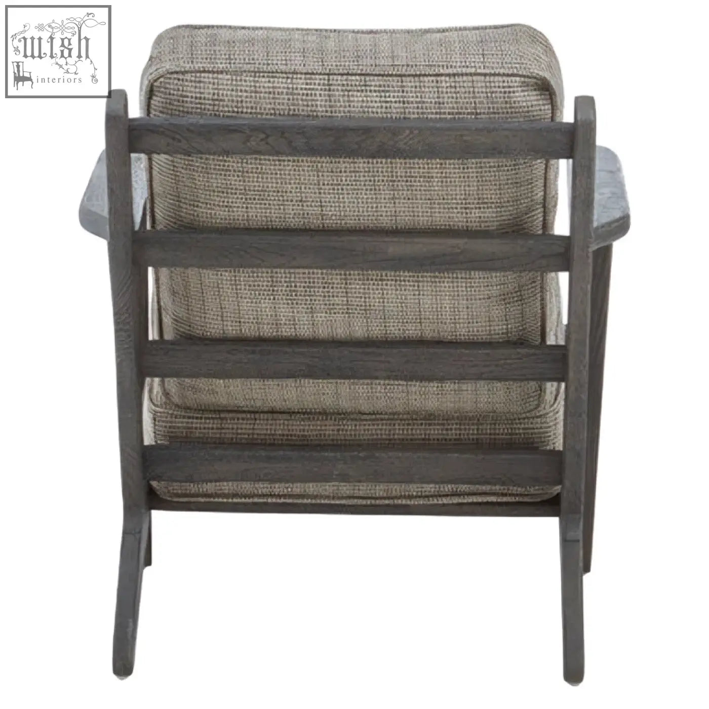 Gray tweed armchair with black oak wood frame and armrests featuring a dark gray woven fabric seat and backrest