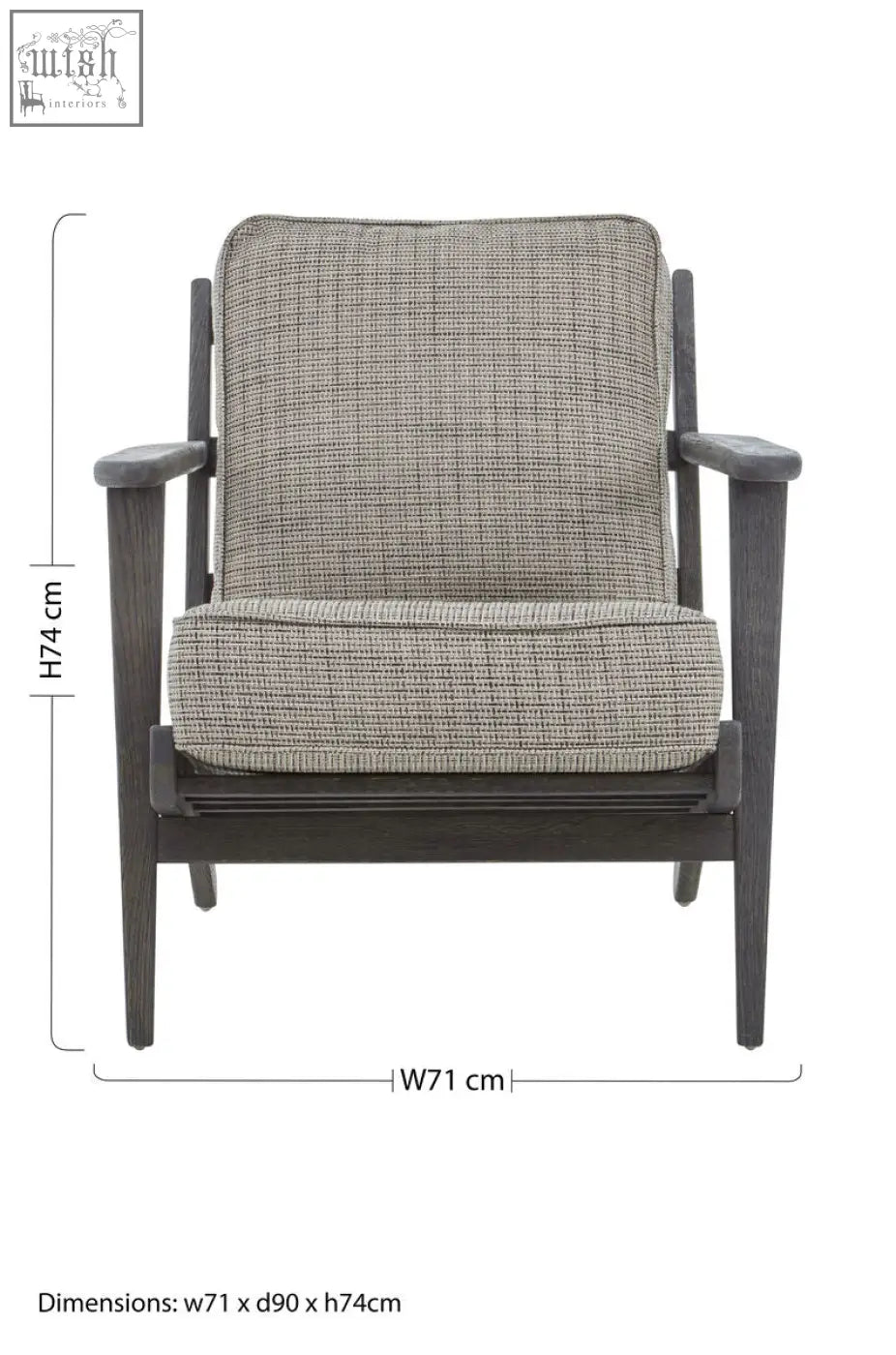 Gray tweed armchair with black oak wood frame featuring a textured fabric and sturdy oak wood frame design