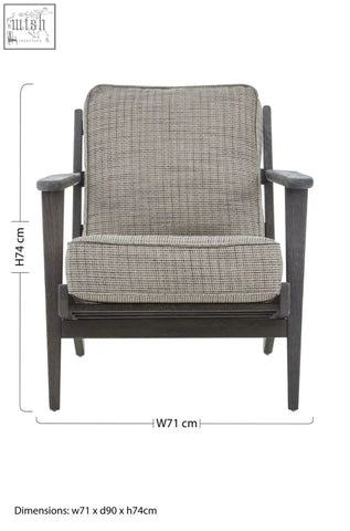 Gray tweed armchair with black oak wood frame featuring a textured fabric and sturdy oak wood frame design