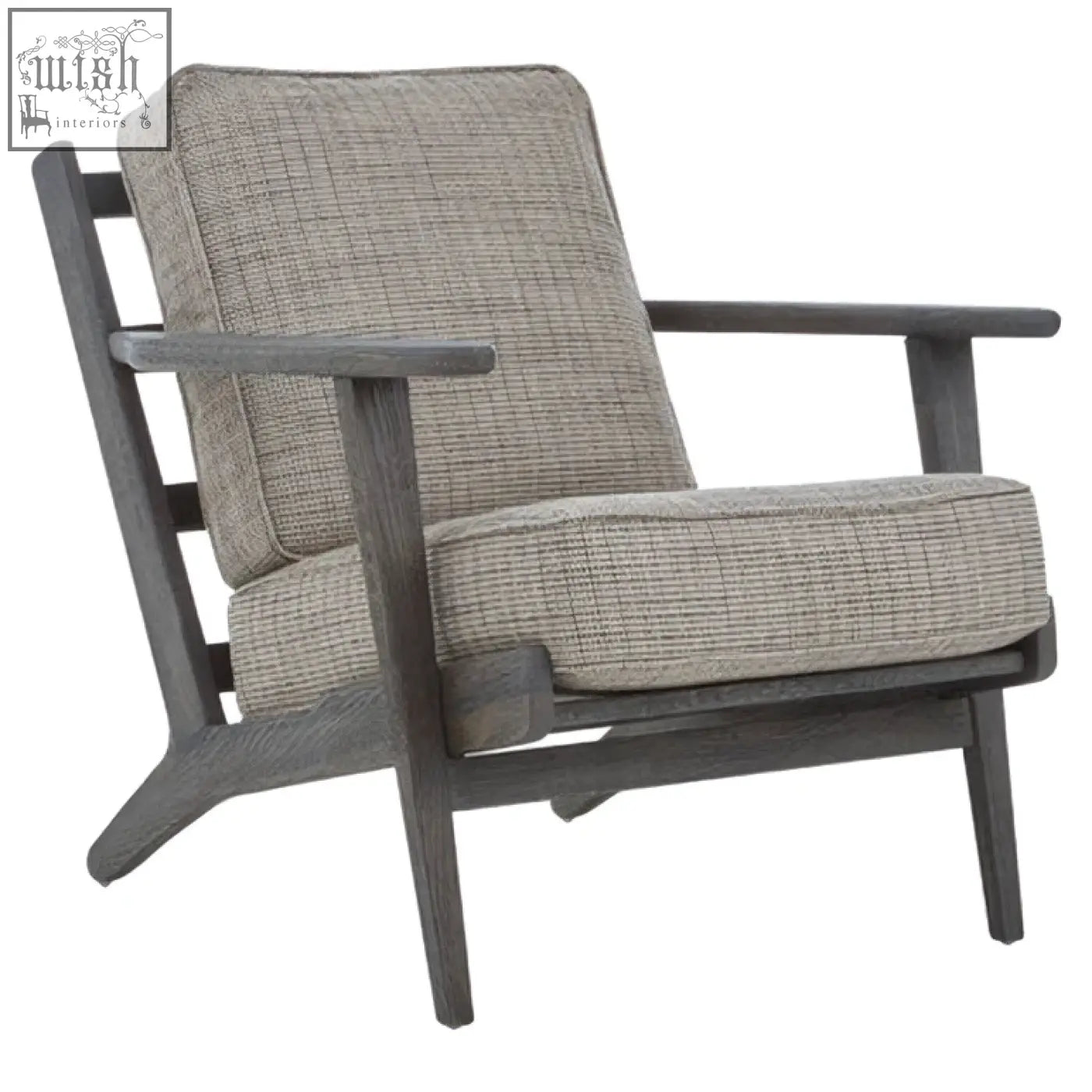 Gray tweed armchair with woven fabric seat and black oak wood frame legs for stylish comfy seating