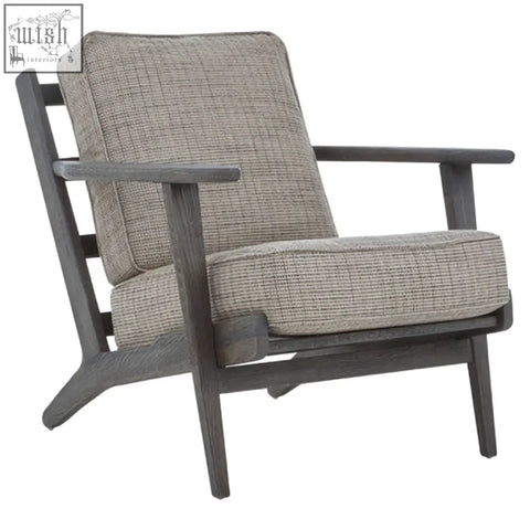 Gray tweed armchair with woven fabric seat and black oak wood frame legs for stylish comfy seating