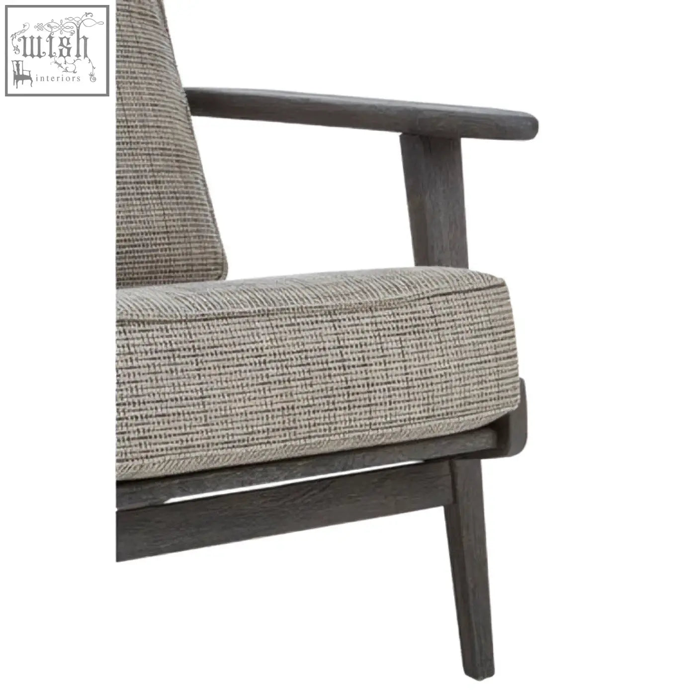 Gray tweed armchair with black oak wood frame featuring woven fabric upholstery and sturdy oak wood frame design
