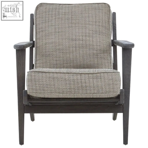 Gray tweed armchair with a black oak wood frame and dark wood accents for stylish and durable seating
