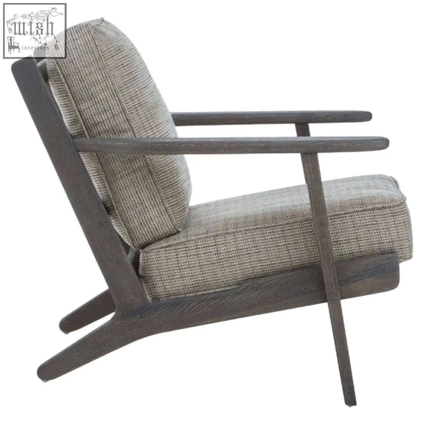 Gray tweed armchair with black oak wood frame featuring woven fabric seat and backrest with dark oak wood legs and arms