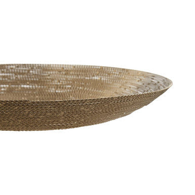 A woven shallow gold-toned decorative plate with a textured nickel twisted wire pattern for home decor