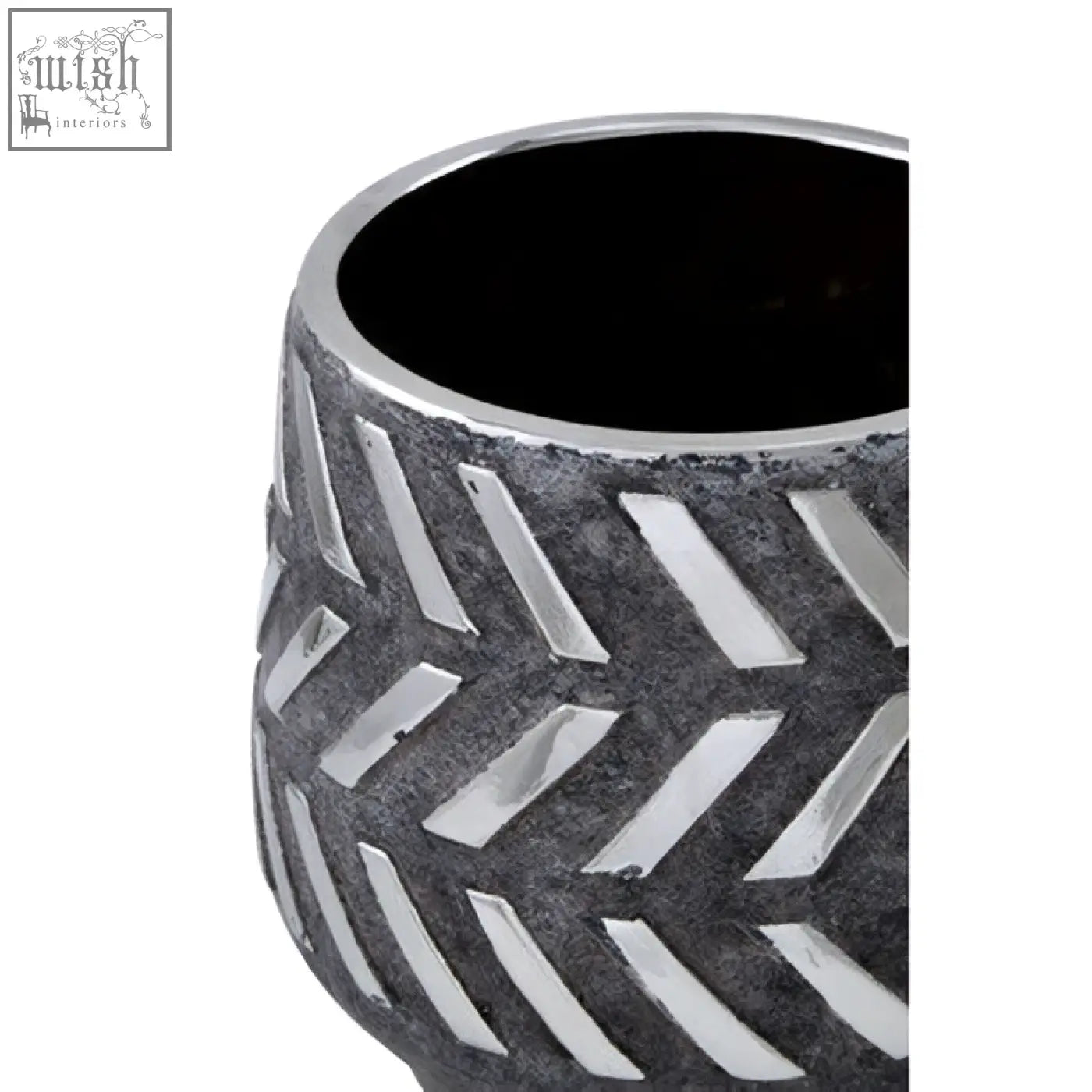 Dark gray ceramic silver small planter with textured surface metallic rim and geometric cut-out pattern
