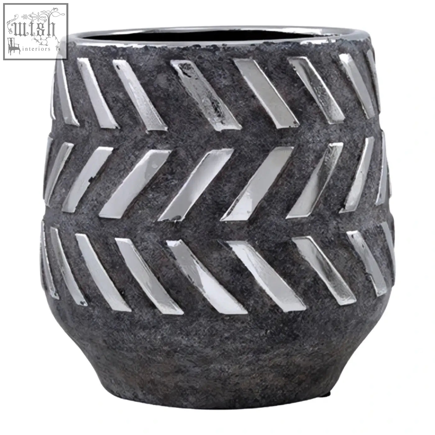 Helaine grey and silver small planter with silver small planter textured ceramic and geometric diagonal slits design