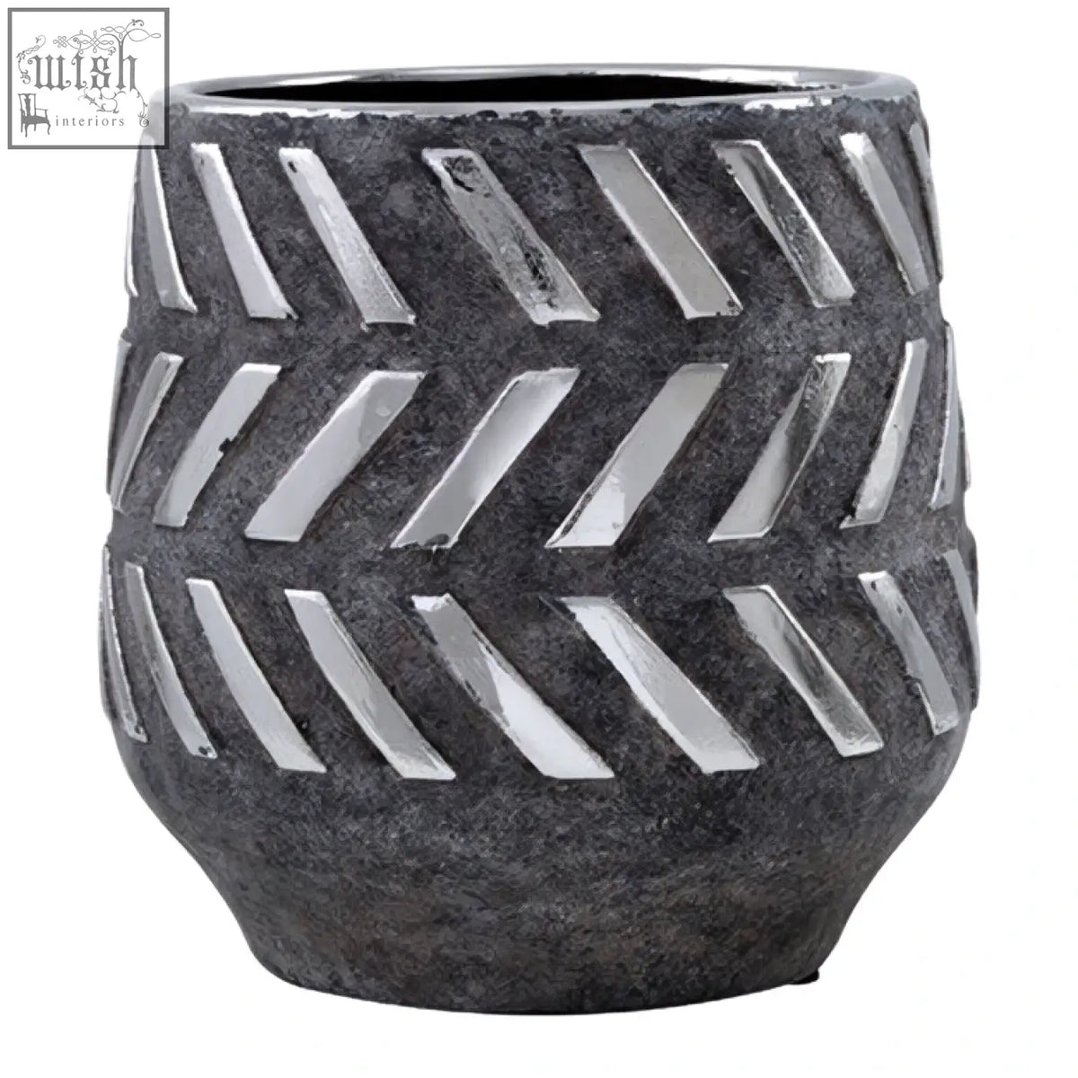 Helaine grey and silver small planter with silver small planter textured ceramic and geometric diagonal slits design