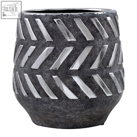Helaine grey and silver small planter with silver small planter textured ceramic and geometric diagonal slits design