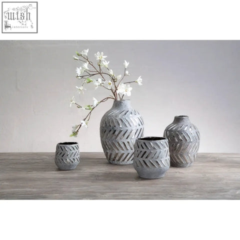 Gray ceramic vases with textured geometric pattern in helaine grey and silver small planter for plants