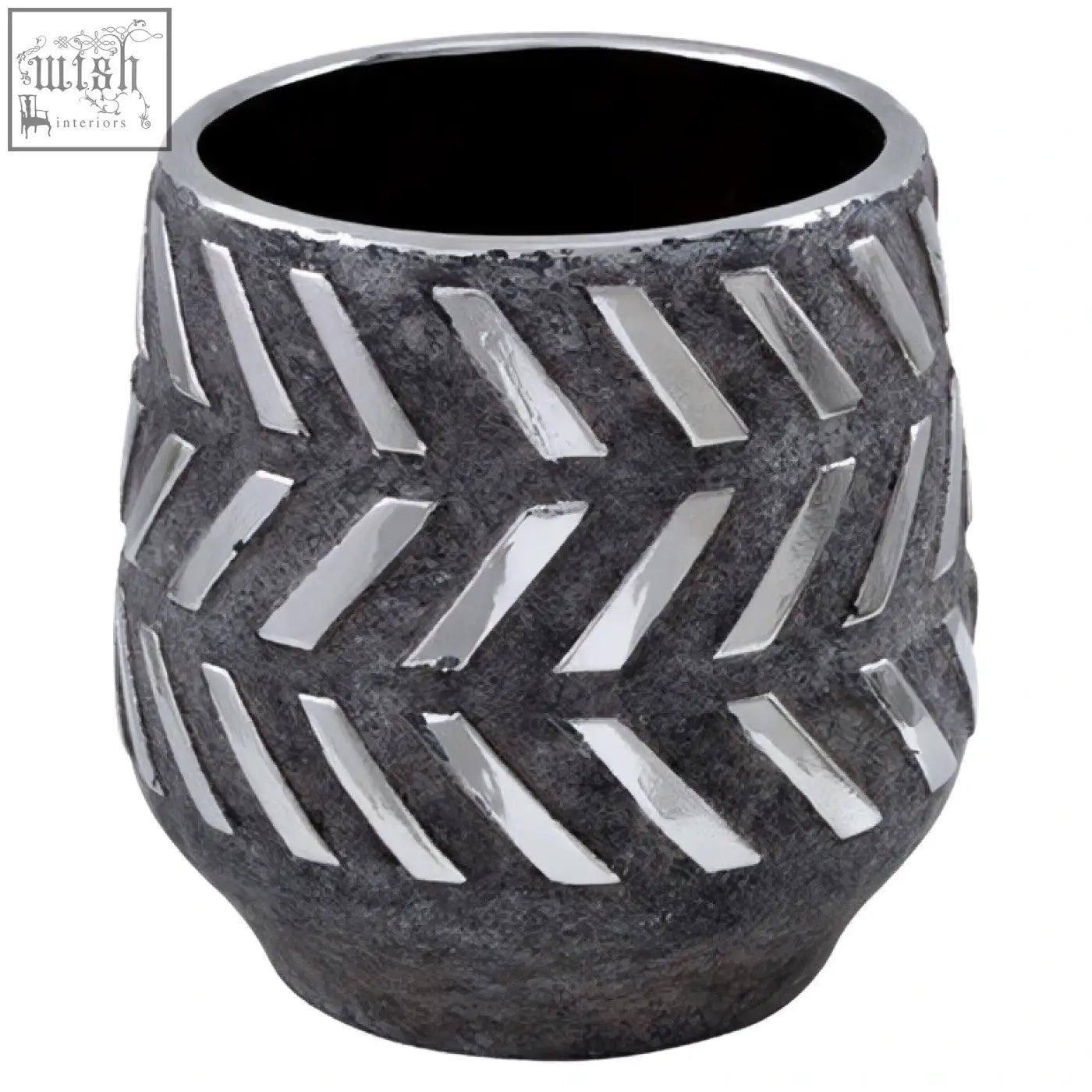 Helaine grey and silver small planter with a sleek dark gray ceramic body and silver small chevron pattern design