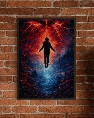 Black-framed stranger things poster featuring a silhouette floating against fiery red lightning and deep blue nebulae background