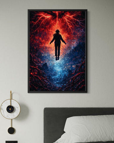 A stranger things poster featuring a silhouette floating against fiery red lightning and deep blue cosmic nebulae in a black frame