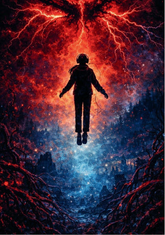 A stranger things poster showing a silhouette wearing headphones floating with red lightning and blue nebula background