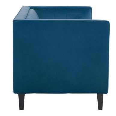 Deep blue velvet helia 3 seat blue velvet sofa with modern lines and dark wooden legs perfect for stylish seating