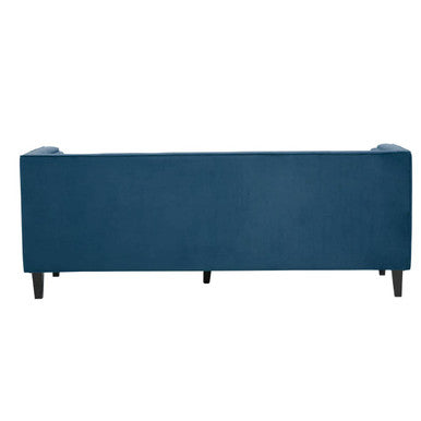 Helia 3 seat blue velvet sofa with deep blue velvet upholstery and sleek tapered wooden legs for stylish seating