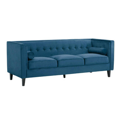 Helia 3 seat blue velvet sofa with deep blue velvet tufted back and rolled armrests for cozy seating