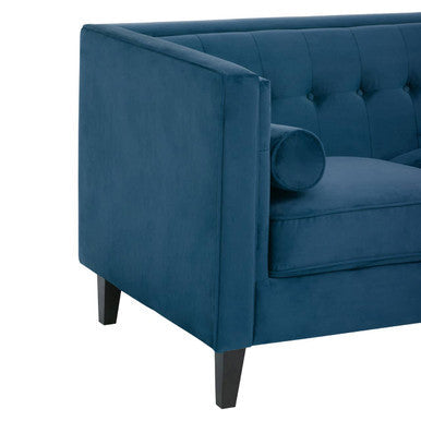 Helia 3 seat blue velvet sofa with deep blue velvet tufted back and dark wood legs for stylish seating