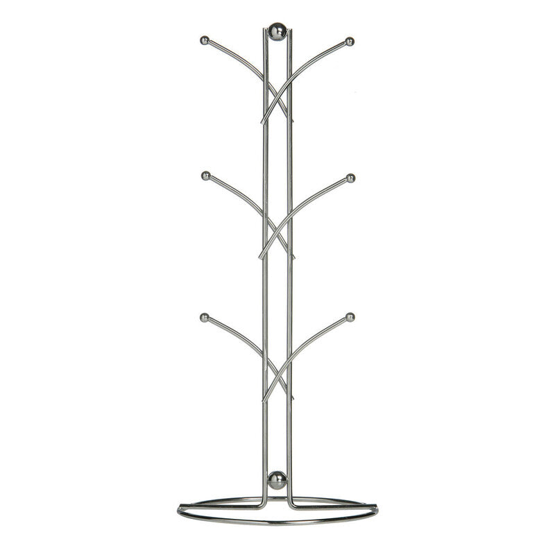 Helix chrome 6 cup mug tree with shiny chrome finish and spherical accents for stylish coffee mug storage