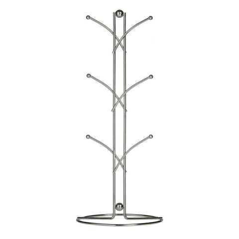 Helix chrome 6 cup mug tree with shiny chrome finish and spherical accents for stylish coffee mug storage