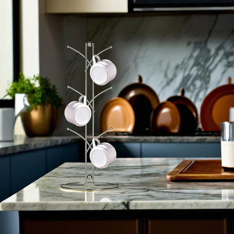 Silver helix chrome 6 cup mug tree with three white ceramic cups hanging from curved metal arms