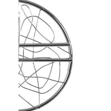 Silver wire fruit basket with chrome finish banana hanger features a curved half-circle design and crisscross pattern
