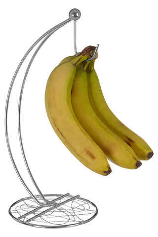 Silver wire fruit stand with chrome finish banana hanger holding a bunch of yellow bananas