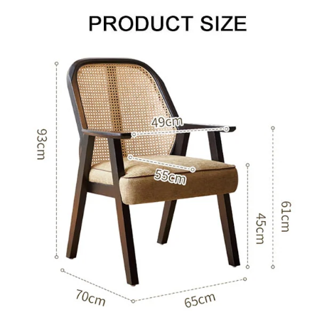 Dark wood framed hellen rattan dining chair with woven cane back and cotton linen tan seat upholstery