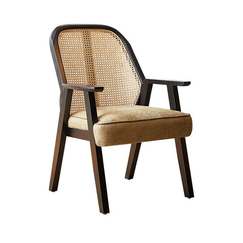 Dark wood framed hellen rattan dining chair with woven cane back and tan cotton linen seat for cozy dining