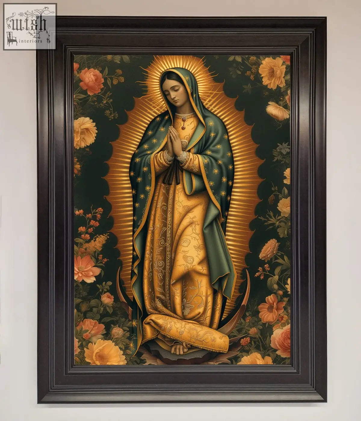 Hello mary framed print featuring the virgin mary in a dark green and gold robe with stars and orange flowers