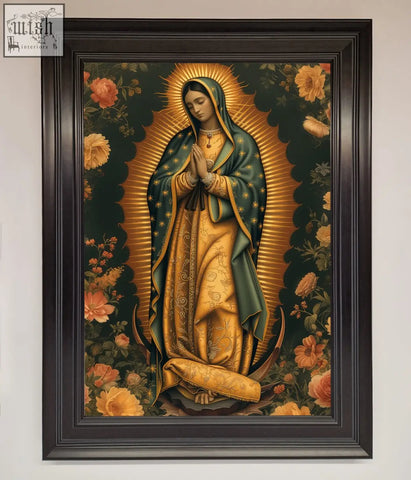 Hello mary framed print featuring the virgin mary in a dark green and gold robe with stars and orange flowers