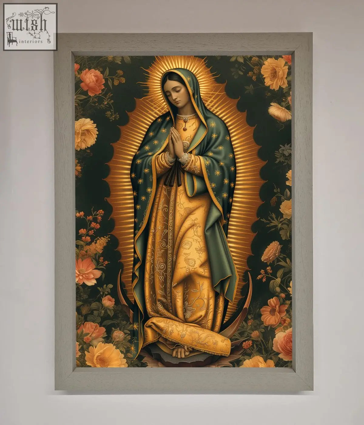 Hello mary framed print of the virgin of guadalupe in golden green robe with star details and orange flowers on dark background