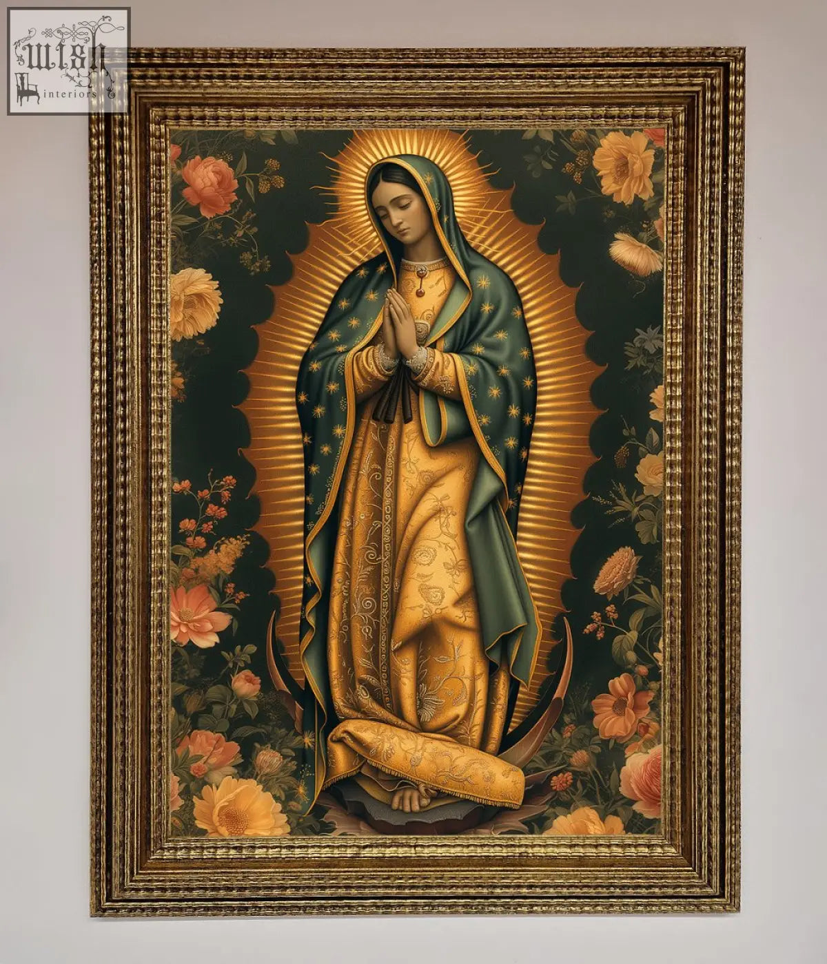 Hello mary framed print featuring an ornate gold-framed painting of the virgin mary in green and gold robes for home decor