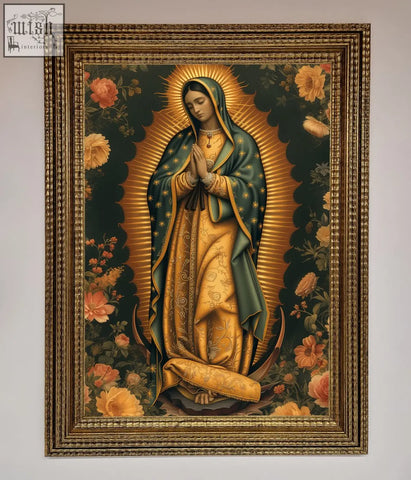 Hello mary framed print featuring an ornate gold-framed painting of the virgin mary in green and gold robes for home decor
