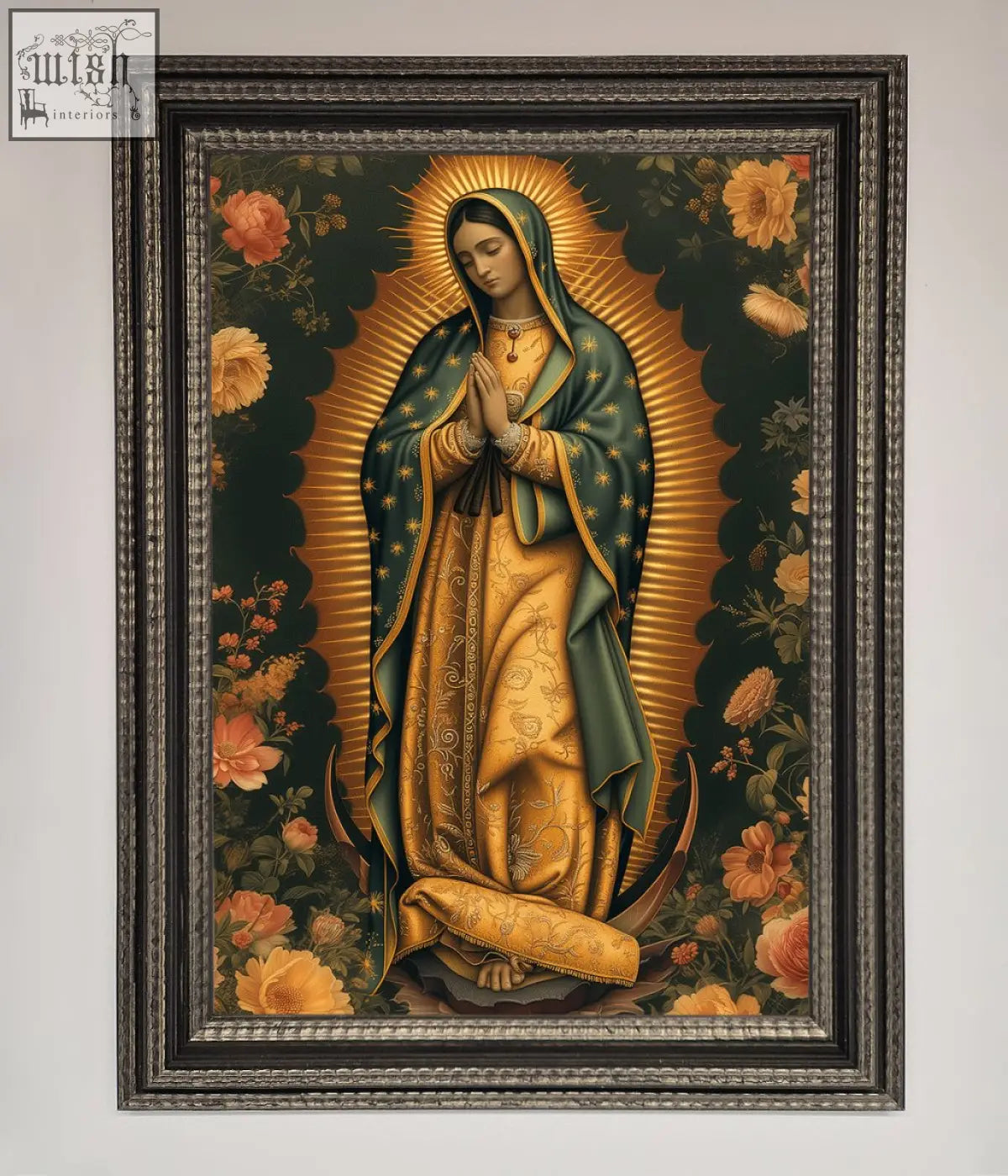 Ornate mary framed print with dark frame green and gold robe and floral motifs perfect for home decor