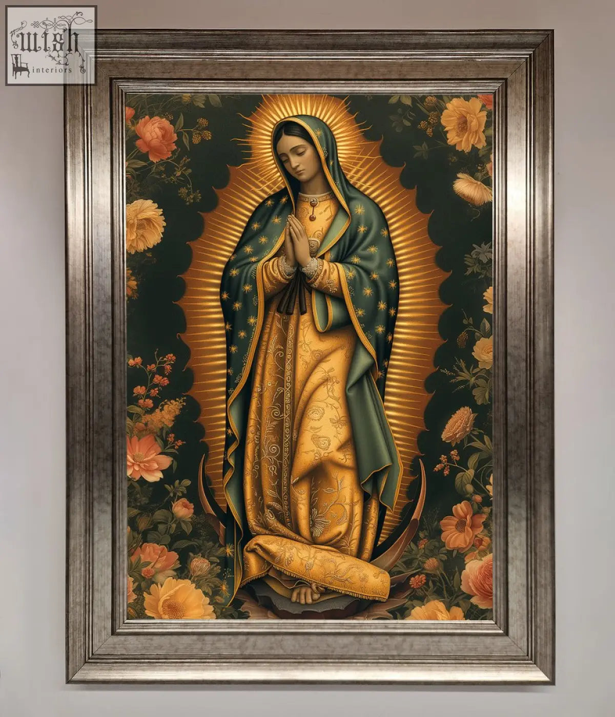 Hello mary framed print of virgin mary in green and gold robe with stars surrounded by orange flowers on dark background