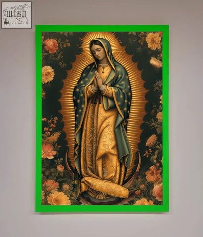 Hello mary framed print featuring vibrant green frame and intricate virgin of guadalupe art perfect for home decor