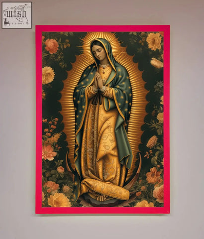Hello mary framed print featuring vibrant pink frame and embroidered virgin of guadalupe perfect for home decor
