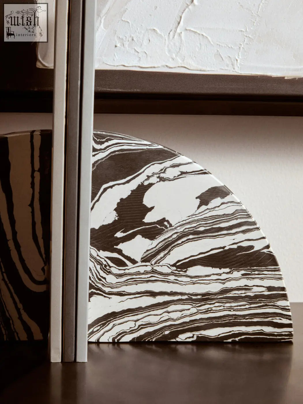 Helsa black and white marble set of two marble bookends with semi-arch profile and glossy finish