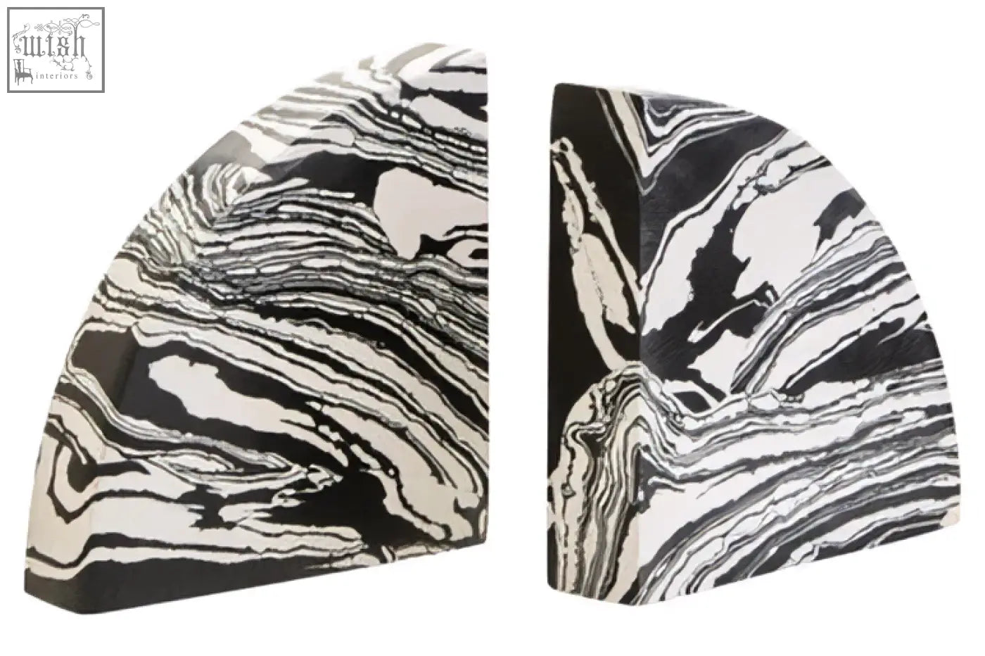 Helsa black and white marble bookends set of two with sleek semi-arch profile and white marble pattern