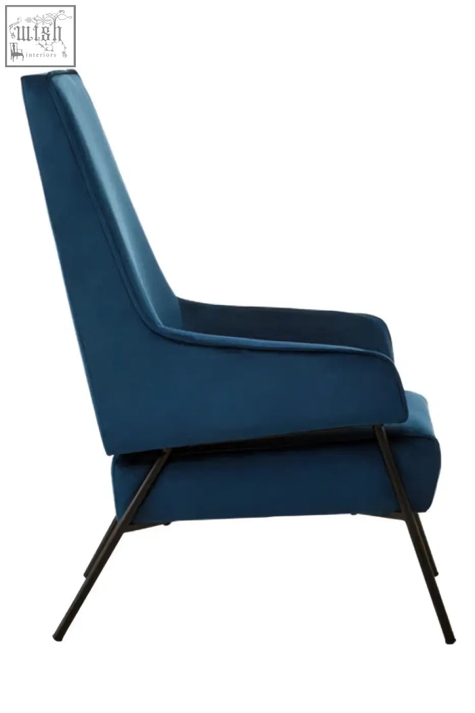 Deep blue henia blue velvet chair with sleek black metal legs perfect for stylish living spaces