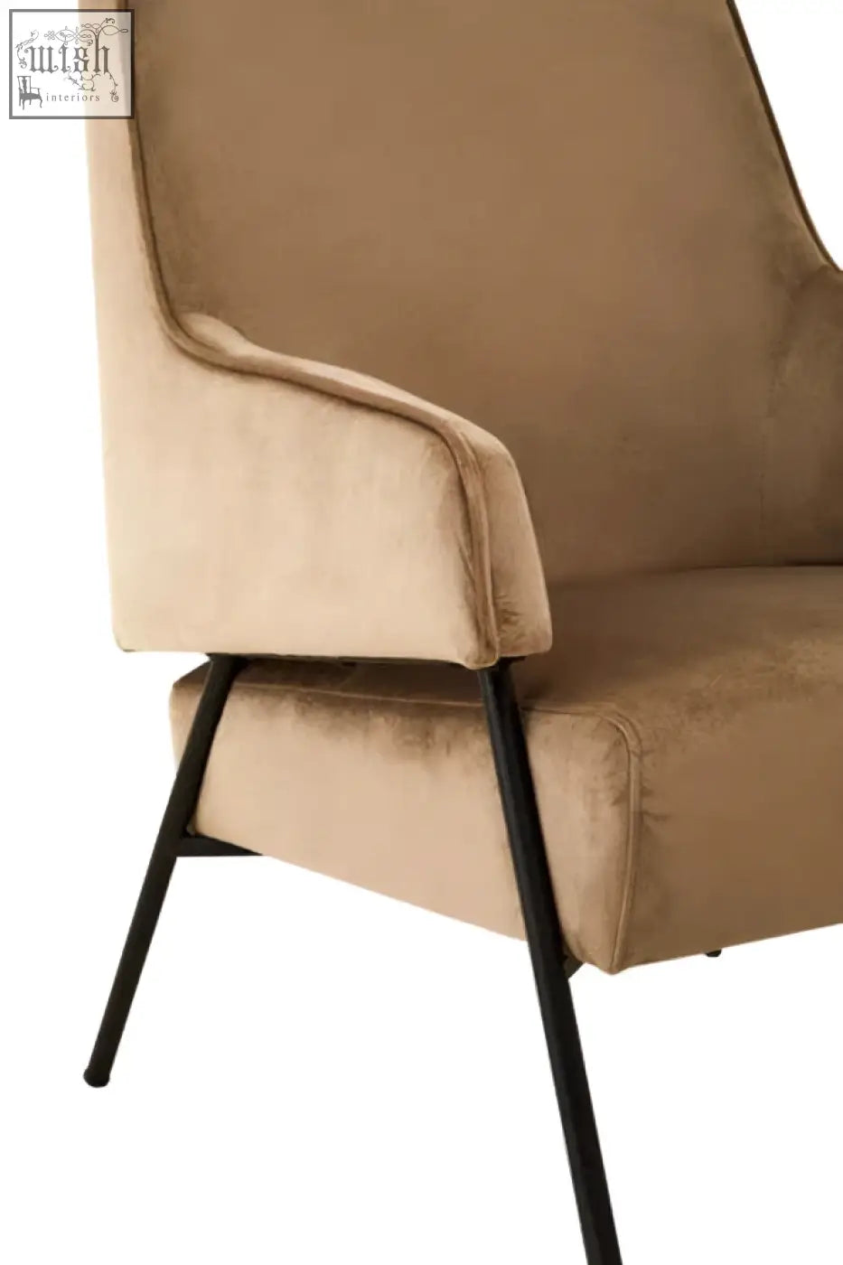 Beige henia mink velvet chair with sleek black metal legs featuring soft mink velvet upholstery and modern design