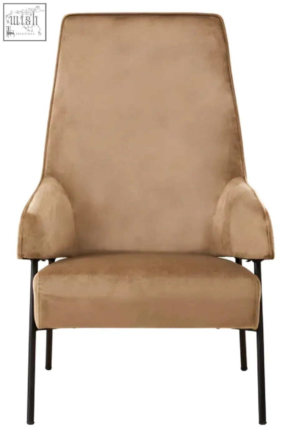 Tan henia mink velvet chair with black metal legs featuring soft mink velvet upholstery and modern design